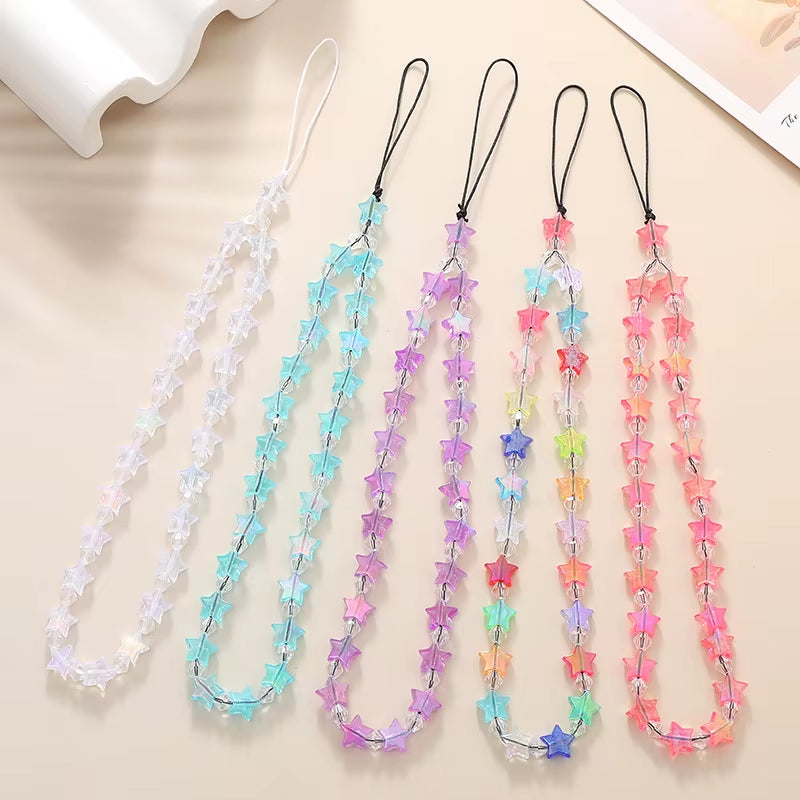 Fashion Y2K Acrylic Mobile Phone Chain Five-Pointed Star Beaded Telephone Lanyard Hanging Rope for Women Bag Pendant Keychains