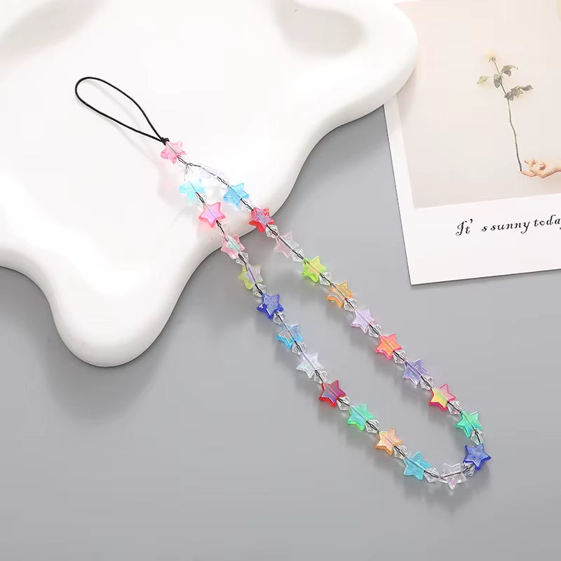 Fashion Y2K Acrylic Mobile Phone Chain Five-Pointed Star Beaded Telephone Lanyard Hanging Rope for Women Bag Pendant Keychains